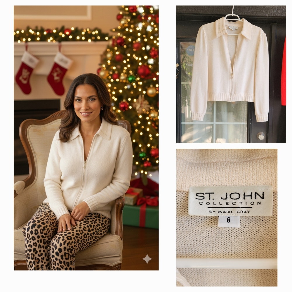 St. John White Zip-Up Cardigan